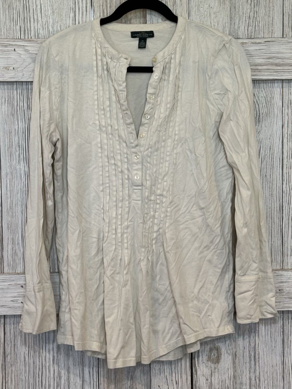 Lauren Ralph Lauren Women M Cream Linen Pintuck Band Collar Button Up Shirt LRL